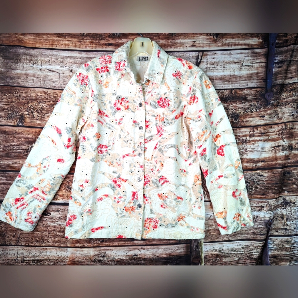 Chicos Patchwork Embroidered Jacket Floral Beaded - image 1